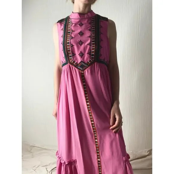 WHISTLES "Avery" Silk Bubblegum Pink Boho Embroidered Maxi Dress US 10 - Picture 3 of 13